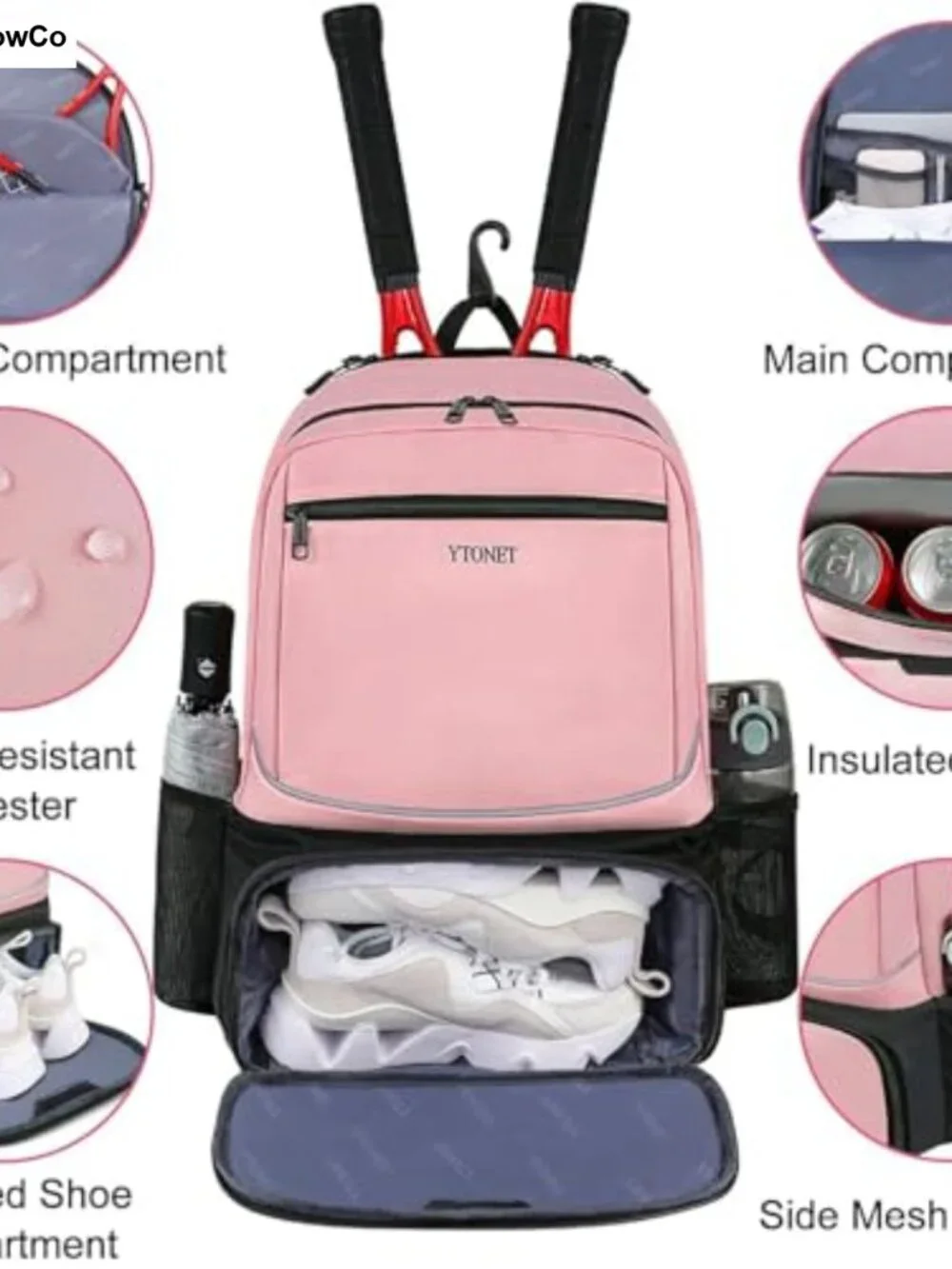 Water-Resistant Tennis Backpack for Women Men Holds 2 Rackets with Insulated